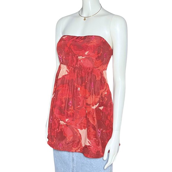 100% Silk Y2K Banana Republic Red Floral Babydoll Strapless Top S/M Sz8 Romantic - Picture 2 of 9